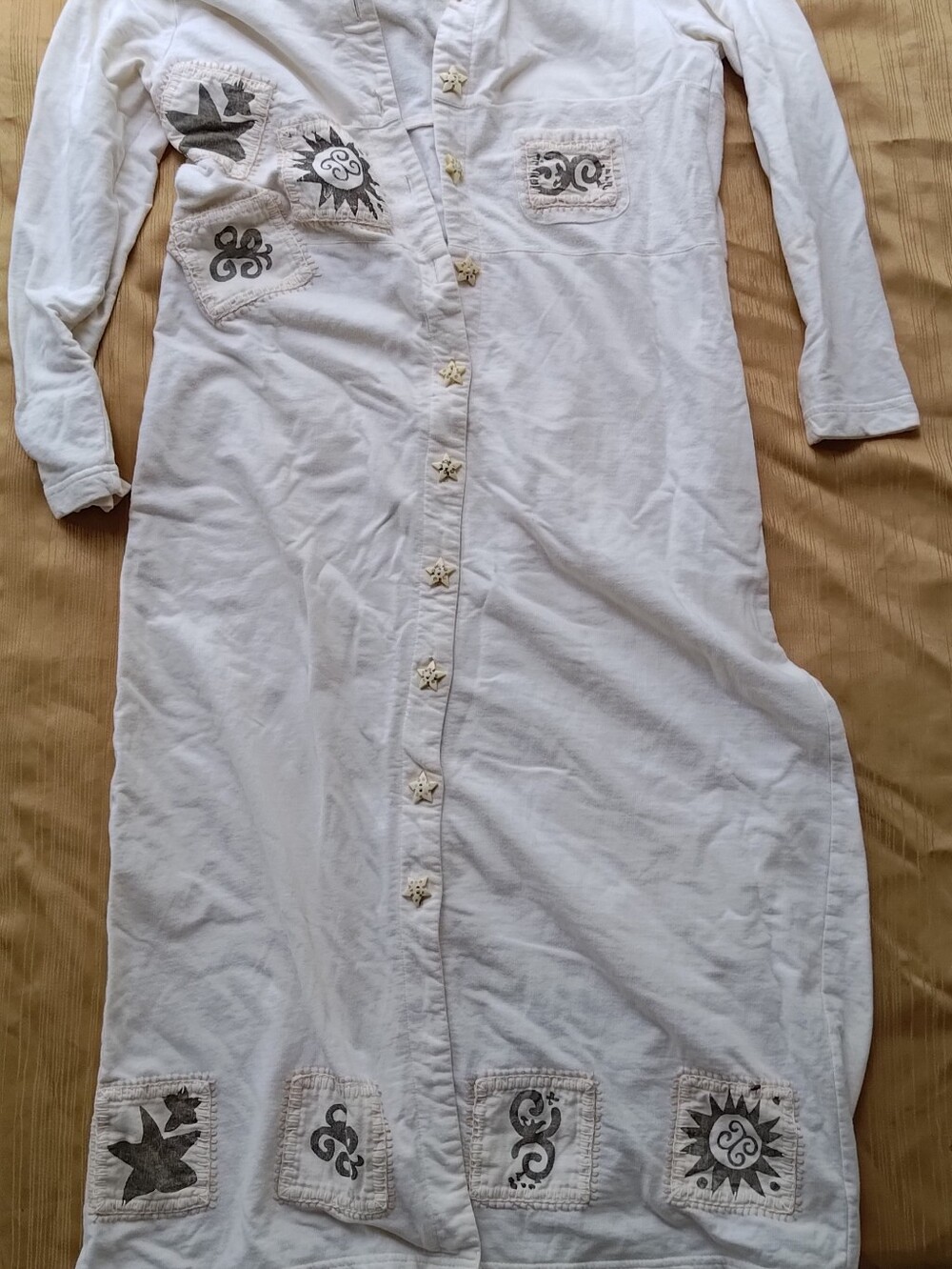 Friday Wear White Long Star Button Tunic Dress with sun Embroidered Patchwork